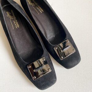 Donald J Pliner Black Suede Metal Monogram Detail Square  Toe Flats 8M